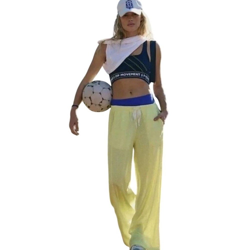 FP Movement Overtime Mesh Pants Yellow Wide Leg Athletic Drawstring Womens L